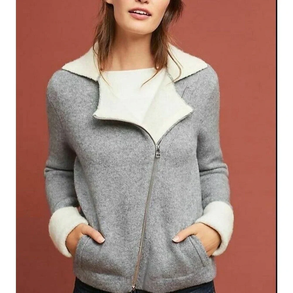 Anthropologie Asymmetric Zip Knit Moto Jacket‎ Sweater Grey Ivory XL